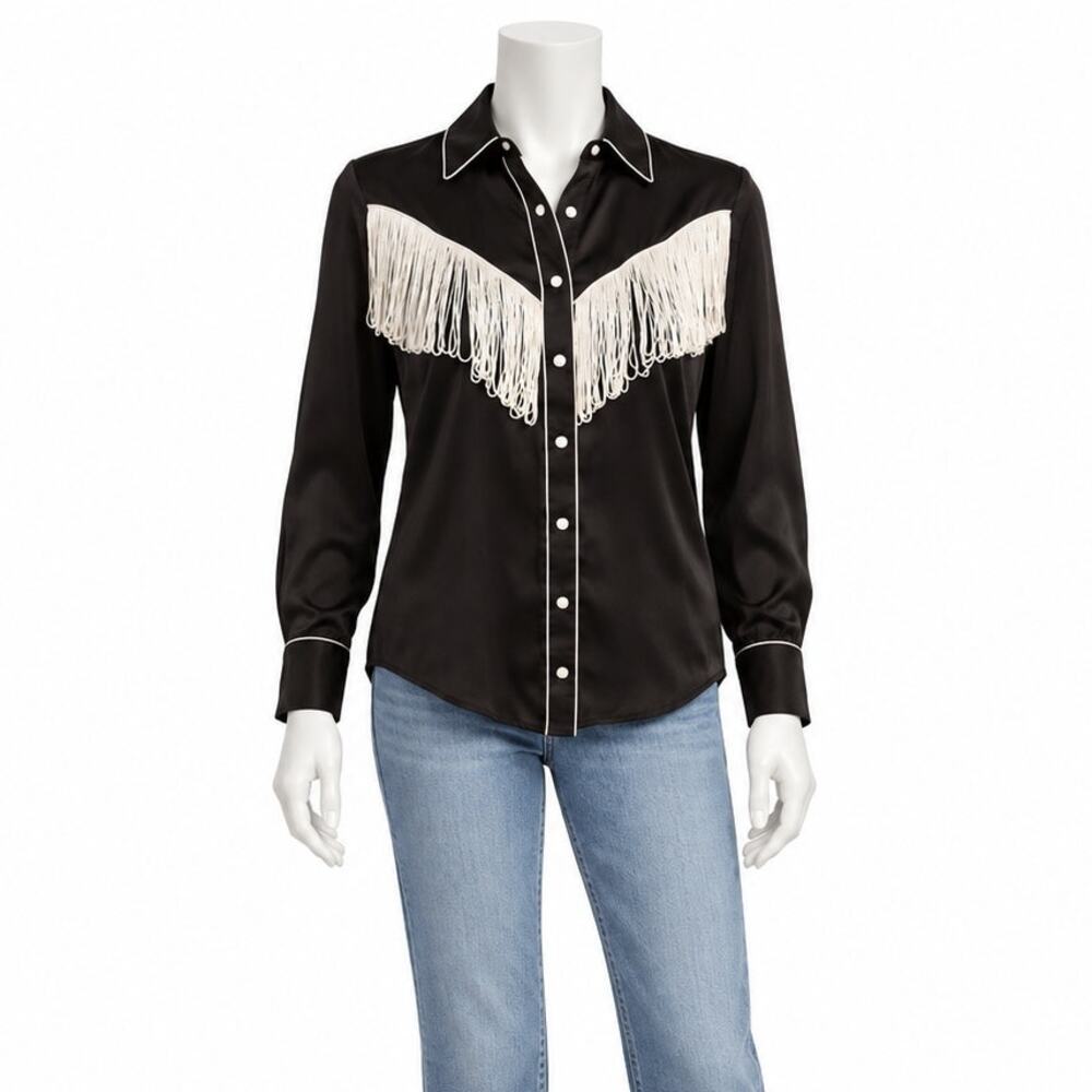 Scully Satiny Loop Fring Snap Western Shirt Womens Sz L Honey Creek Black White